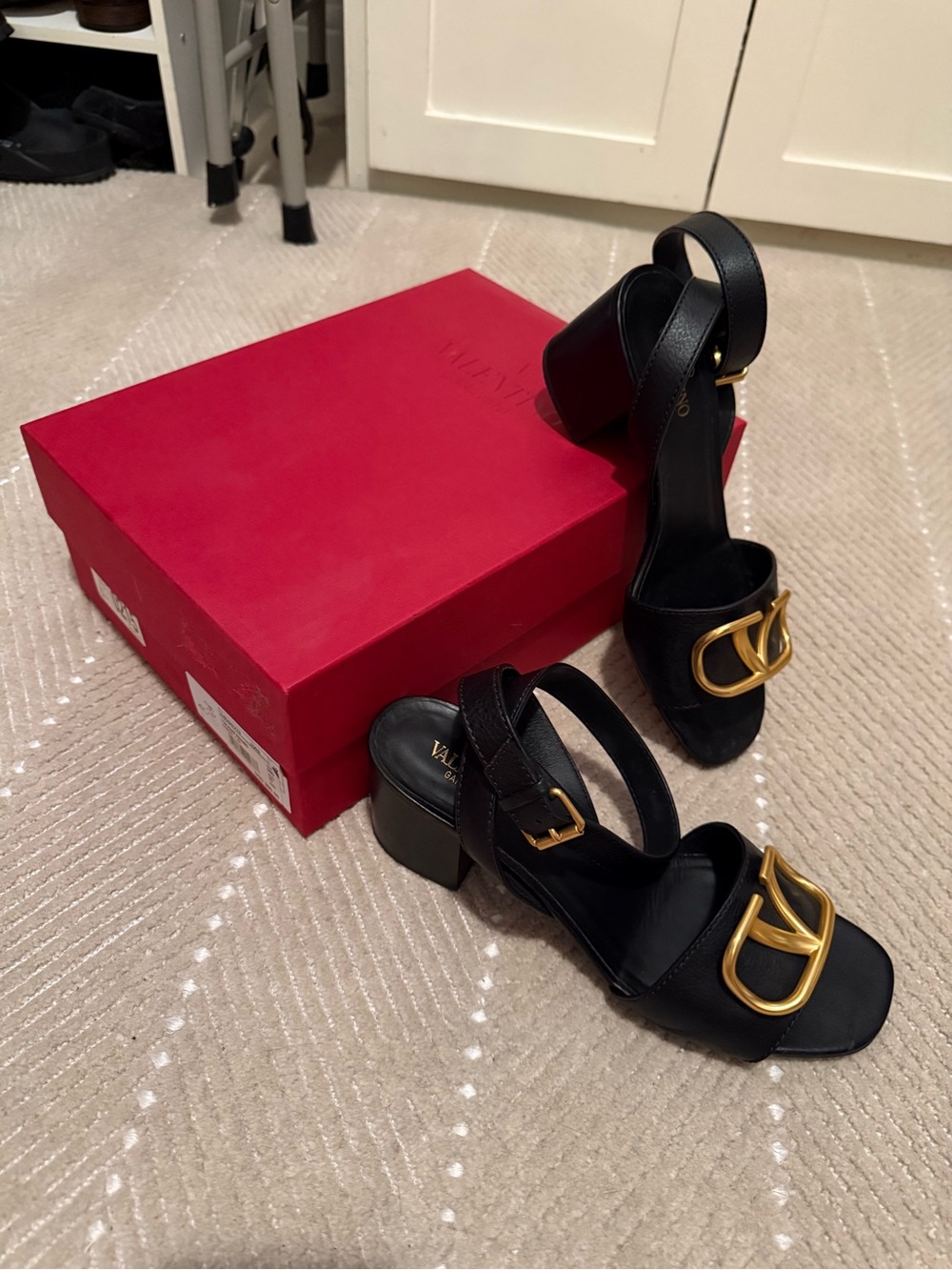 Valentino Black Leather Sandals with Gold V Logo